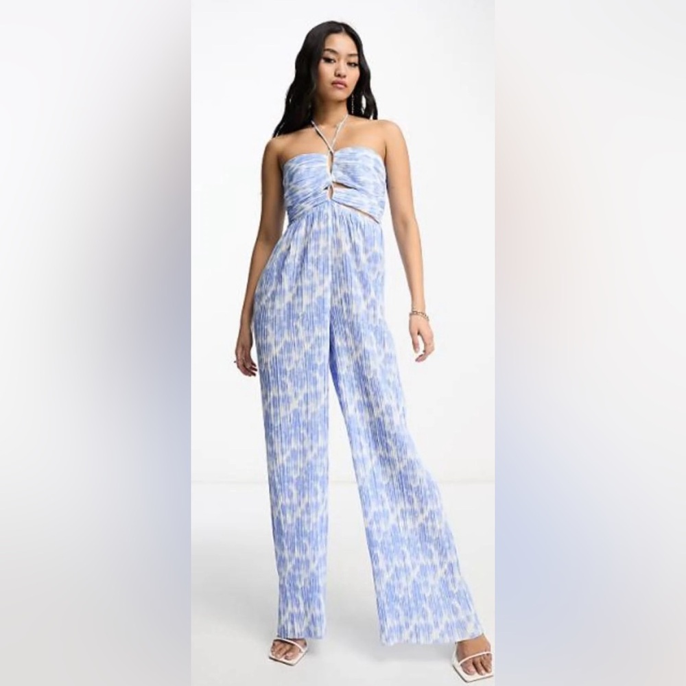 Bardot Sky Blue Patterned Halter Jumpsuit